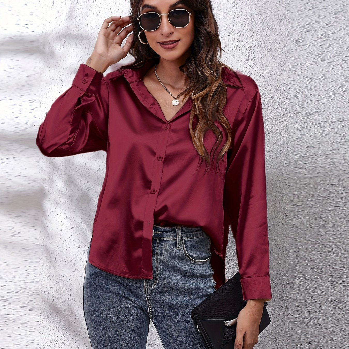 Women's Elegant Satin Shirt with Lapel Collar, Polyester, Solid Color, Regular Length, Single Breasted