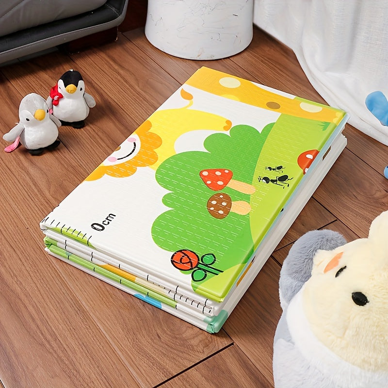 This double-sided XPE crawling mat is foldable and measures 176.99cm x 116.84cm. Featuring a cute animal pattern, this waterproof mat is easy to clean and perfect for youngsters. Suitable for indoor use, this hypoallergenic and odorless play mat provides