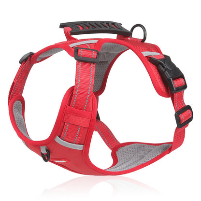 Adjustable no-pull pet harness with easy control handle for dogs and cats, prevents choking and pulling, comfortable and secure fit for large breeds.