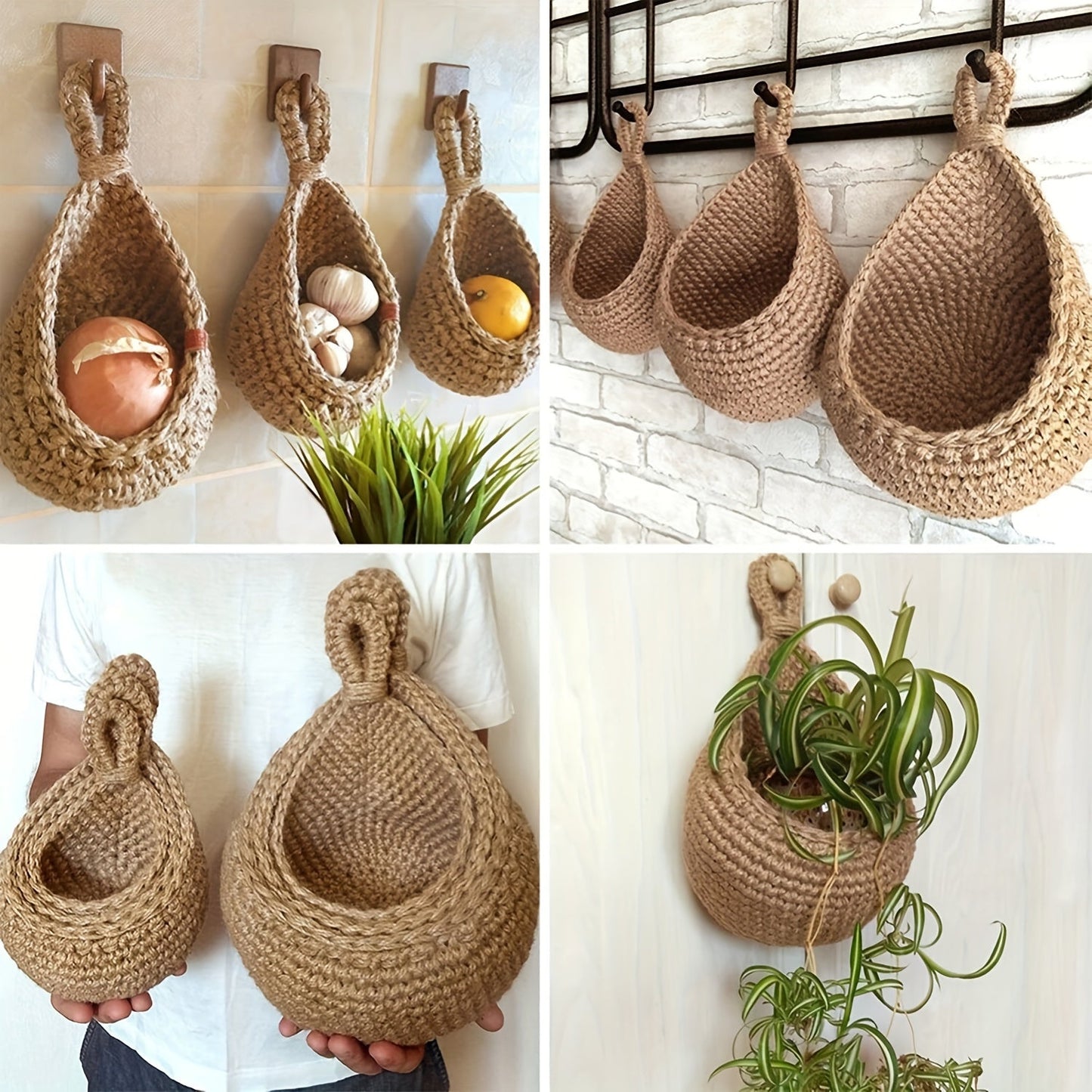 Set of 3 hanging baskets made of cotton rope and sisal crochet, featuring water drops design. This versatile storage solution can be used as a fruit, vegetable, or plant holder, or as a kitchen organizer. Hang them on the wall to save space and add a