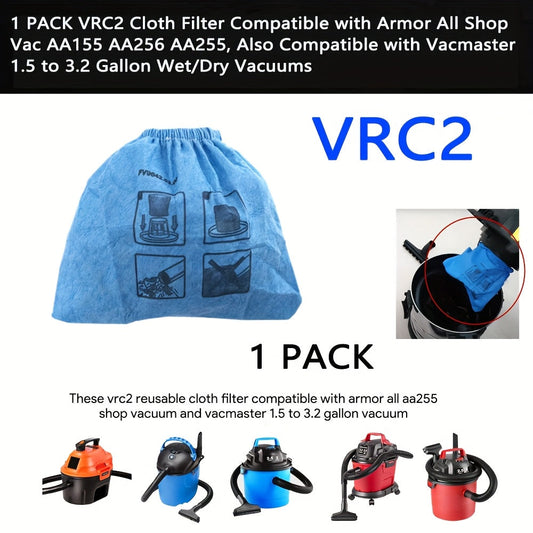 VRC2 Cloth Filter Pack compatible with Armor All & Vacmaster - Designed for 1.5 to 12.11 L Wet/Dry Vacuums, Simple Installation, Reusable and Machine Washable