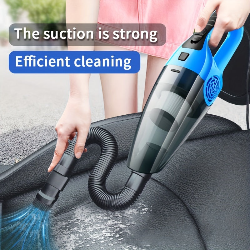 Powerful 12V car vacuum with strong suction for interior detailing, perfect for pet hair removal. Includes crevice tool kit, plugs into cigarette lighter with 3-5m cord. Great for cleaning