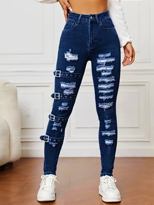 High-waisted stretchy jeans with rip and repair details for women, cotton/polyester blend, machine washable, suitable for all seasons.