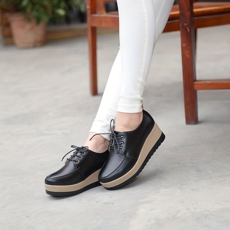 Women's lace-up platform wedge loafers with round toe, heightening design, and versatile style.