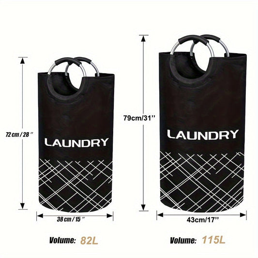 Large Capacity Laundry Basket with Waterproof Fabric and Foam-Protected Aluminum Handles, perfect for Dorm, Family, and Travel. Collapsible, Folding, and Tall Clothes Organizer in Casual Style Round Shape. Laundry Basket is 1 pc and has a capacity of