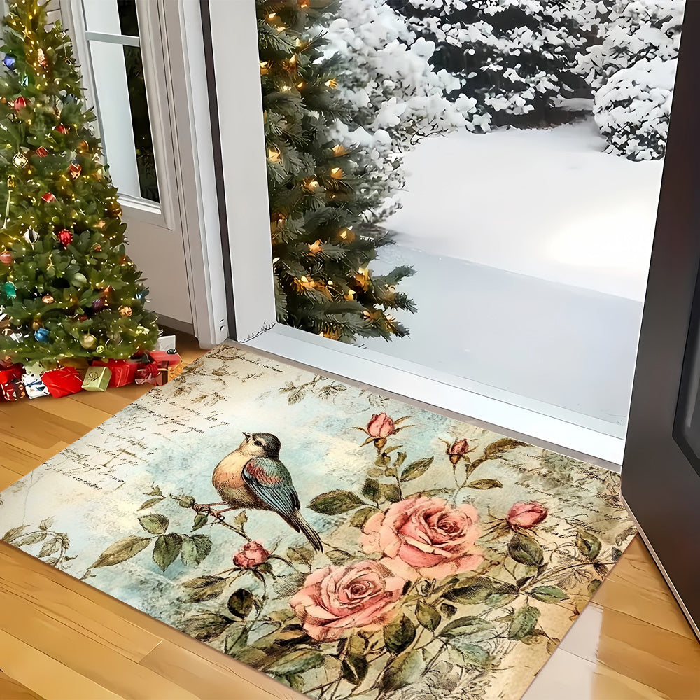 Vintage Rose & Bird Design Anti-Fatigue Kitchen Mat - Waterproof, Soft, Machine Washable Polyester - Non-Slip Mat for Home & Office Use