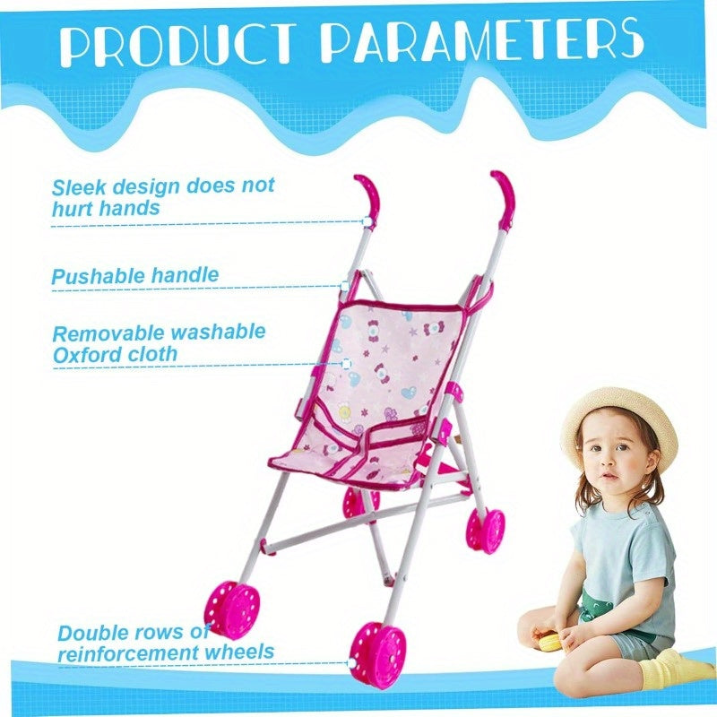 Durable Doll Stroller Designed for Kids, Featuring Cartoon Pattern, Made of Plastic with T-Belt, Push Handle & Removable Seat, Perfect for Imaginary Play, Style2 Doll Carriage, No Batteries Required, Suitable for Ages 3-6, Ideal Party Favor or Gift Toy.