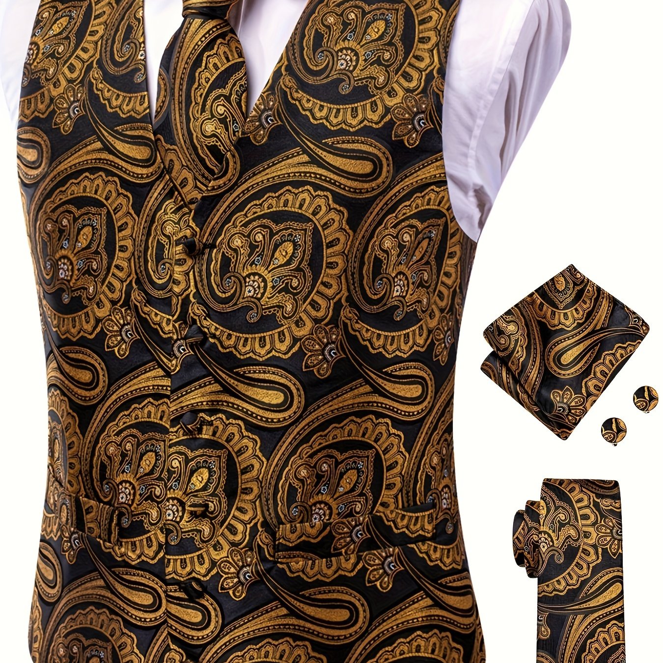 Set of 4 Plus Size Men's Paisley Vest with Necktie, Hanky, Cufflinks for Business, Wedding, Party