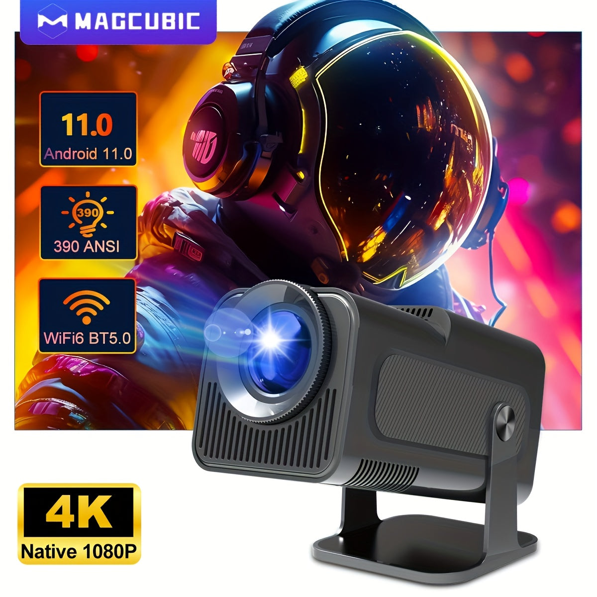 Magcubic 4K Android Projector - EU Plug, Native 1080P, 390 ANSI Lumens, Dual WiFi6 & Wireless5.0, Portable Cinema-Grade Display with Remote Control