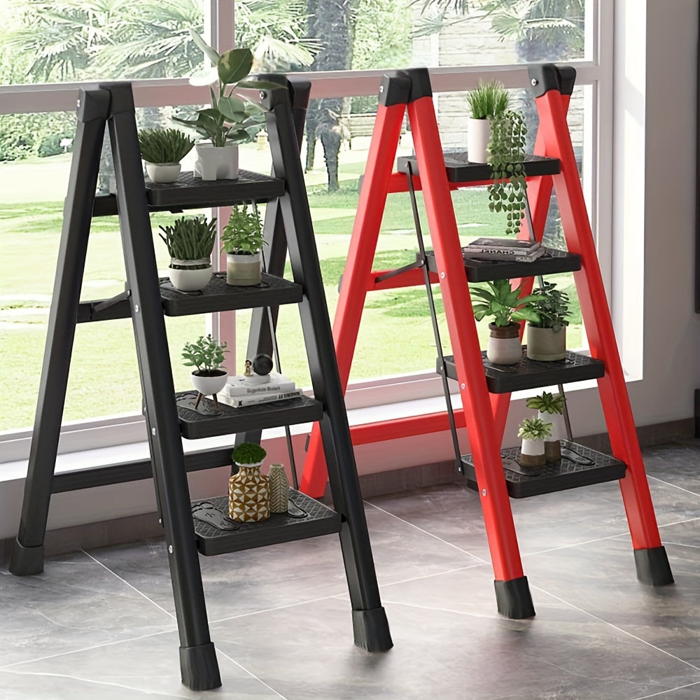 Multifunctional red folding ladder stool with wide non-slip pedals, lightweight and portable.