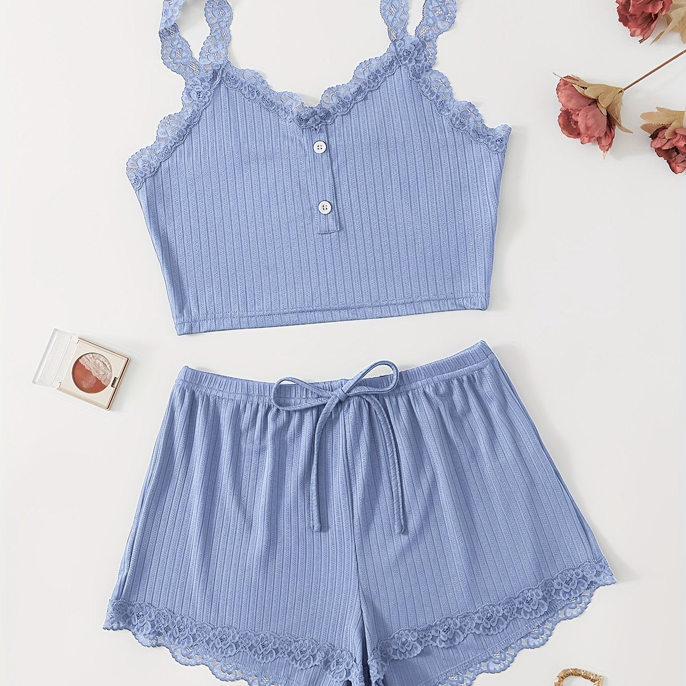 Ribbed lace trim pajama set for women includes a V-neck crop top and shorts with a comfortable fit for summer nights.