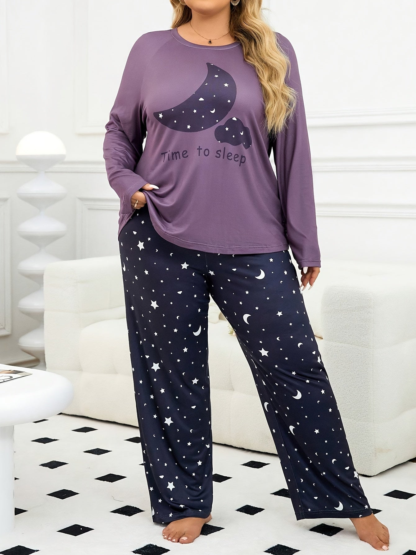 Purple two-piece set with moon pattern for summer and autumn, includes long-sleeved pants and cartoon print pajamas, great for home and outdoor wear, casual and comfortable for plus size