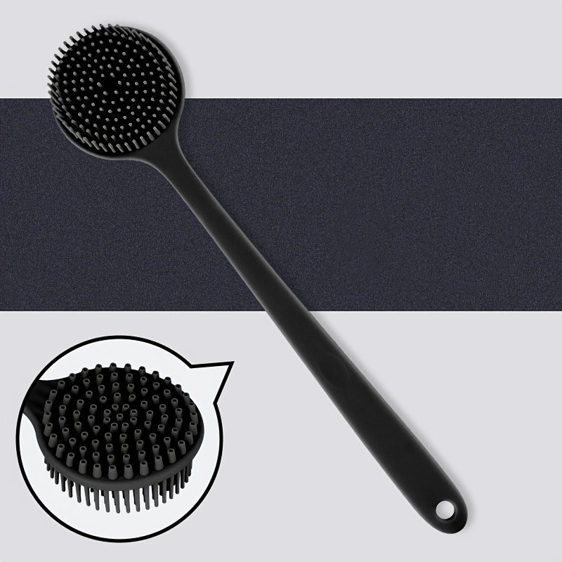 Ergonomic silicone back scrubber brush with long handle for manual deep cleaning and skin care massage, no batteries required.