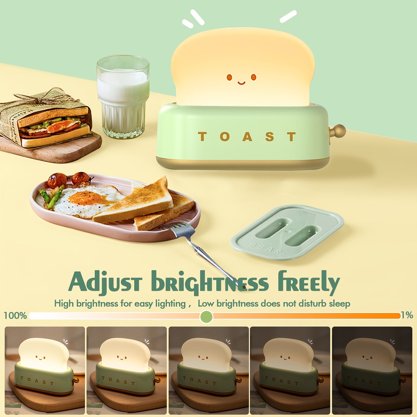 Adorable toaster-shaped LED lamp that doubles as desk decor and bread night light. Features dimmable settings, timer, and rechargeable design. Perfect for bedside or desk use.