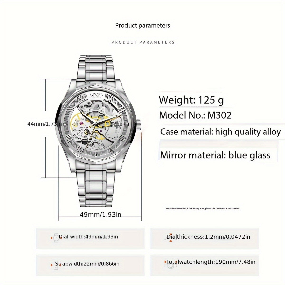 Luxury Men's Mechanical Watch with Stainless Steel Strap, Hollow Dial, and Automatic Self-Winding. Casual Style with Uncharged Power Mode; No Battery Required.