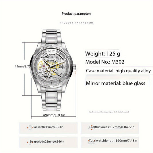 Luxury Men's Mechanical Watch with Stainless Steel Strap, Hollow Dial, and Automatic Self-Winding. Casual Style with Uncharged Power Mode; No Battery Required.