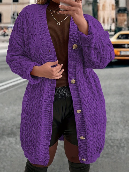 Stylish women's purple cable-knit cardigan with long sleeves, V-neck, and button-up closure. Made of 100% polyester, ideal for fall and winter.