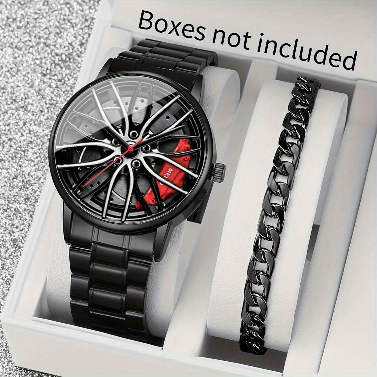 Men's trendy quartz watch with large dial and matching chain bracelet set. Made of zinc alloy with a non-rechargeable battery and wheel hub. Comes in a 2-piece set without a watch box.