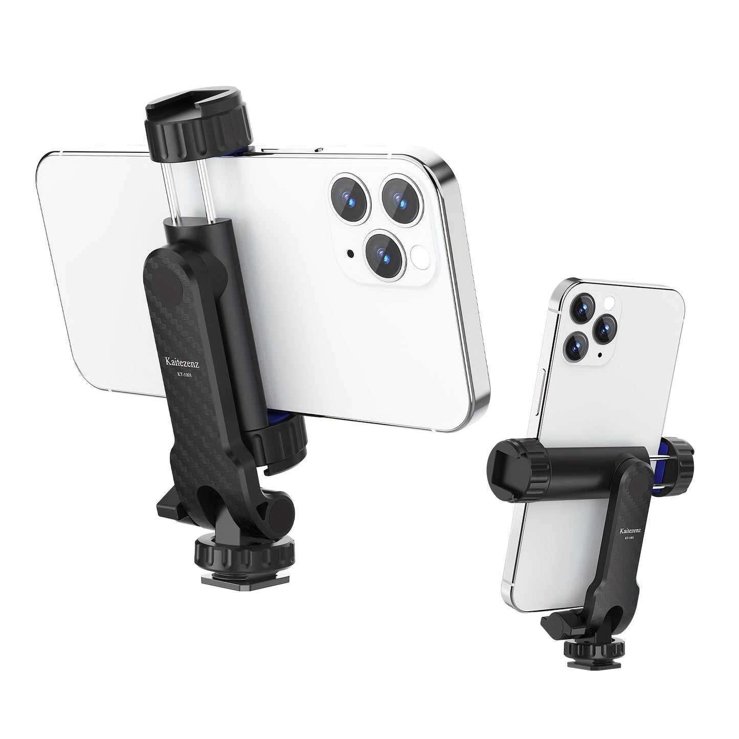 Mobile phone holder tripod with 2 cold boots, 360-degree rotation, compatible with all smartphones.