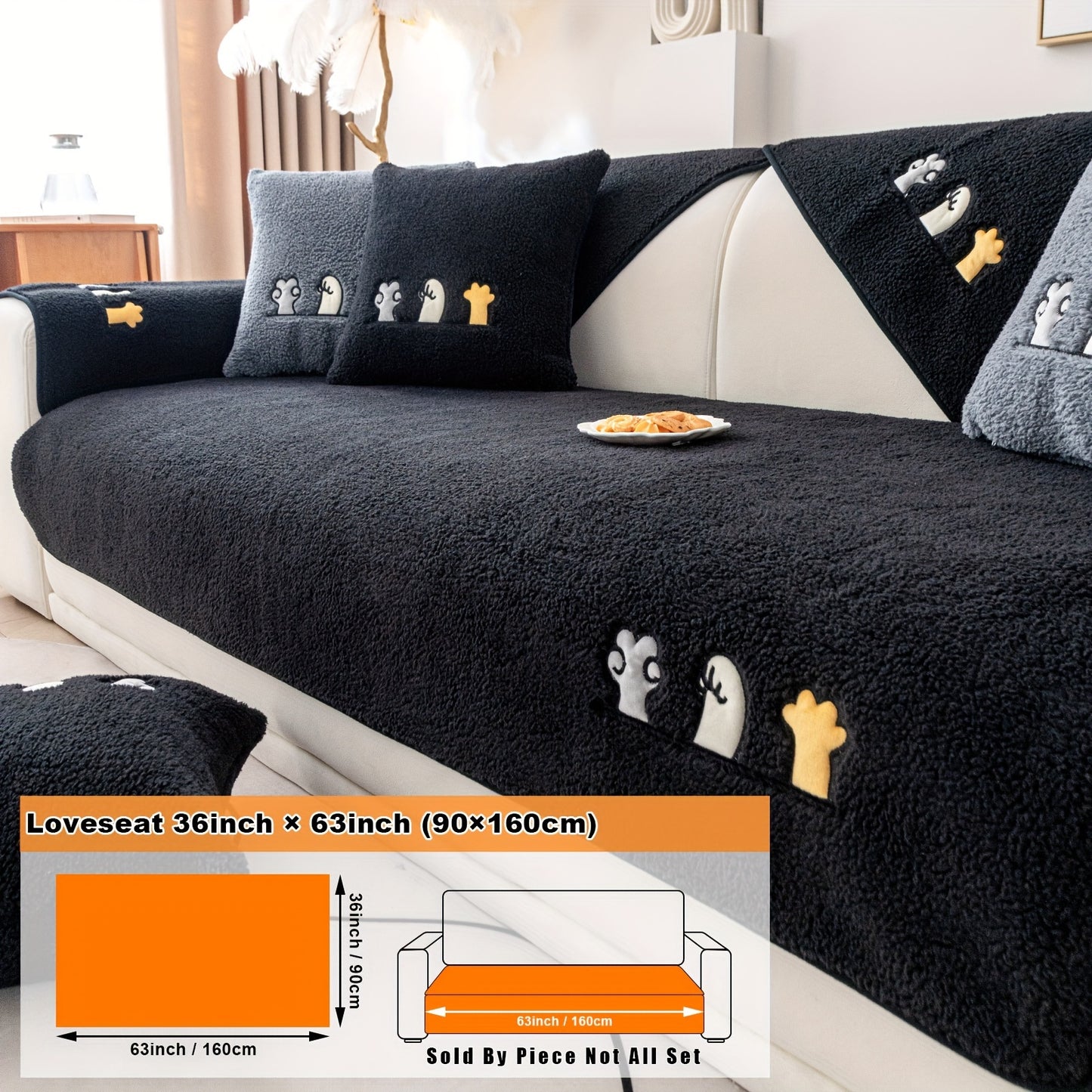 Modern plush sofa cover with paw pattern embroidery, non-slip protection for sofas, machine washable and suitable for various types of furniture.