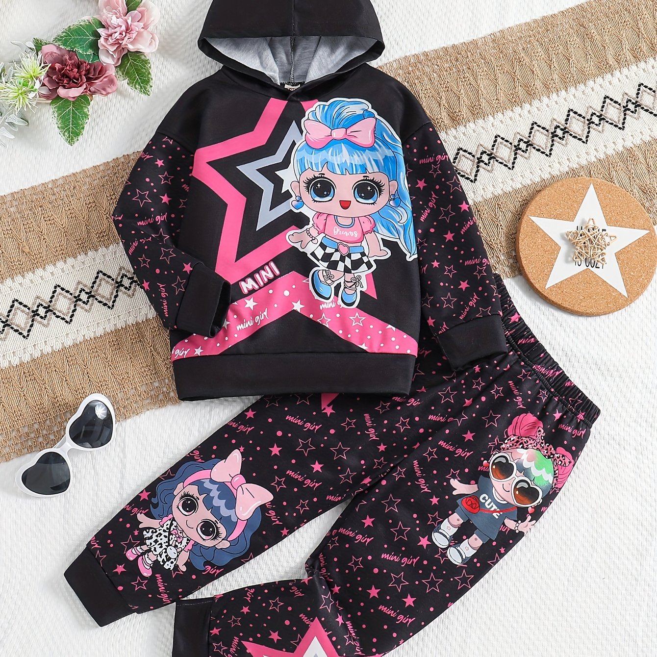 2pc Mini Girl Graphic Outfits: Hoodies + Jogger Pants