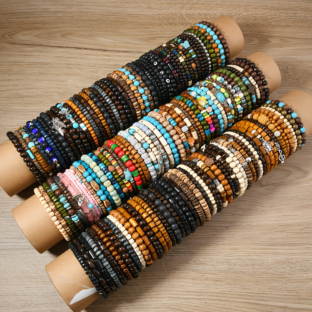 Set of 12 or 24 Autumn/Winter Mixed Pack Stackable Elastic Wire Bracelets for Women, Handmade with Outdoor Splicing of Wooden Beads for a Combination Hand Ornament.