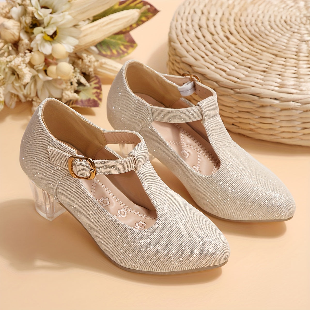 New Crystal Embroidered Flower High-heeled Shoes for Women and Children in Spring and Autumn.