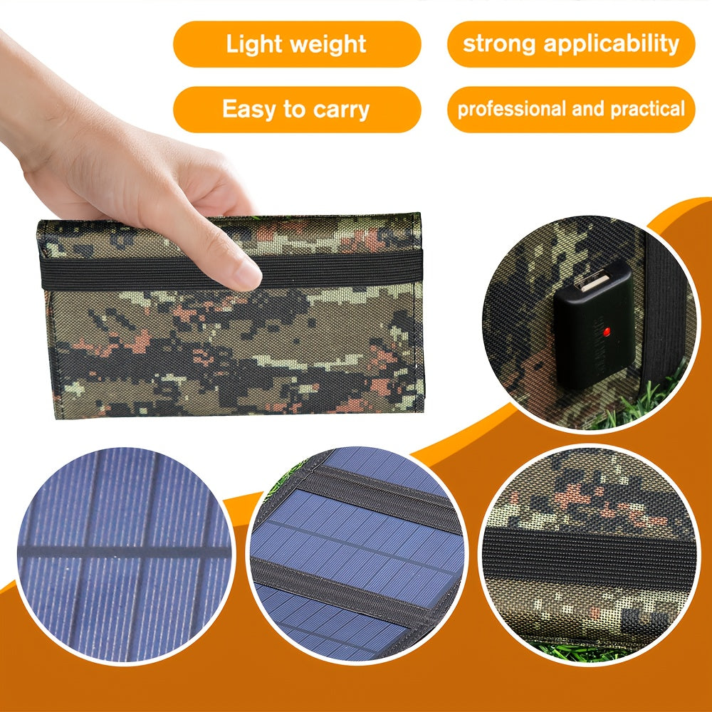 Portable foldable solar charger panel with high-efficiency monocrystalline silicon and USB charging for phones and fans. Ideal for outdoor camping and travel, with no battery and