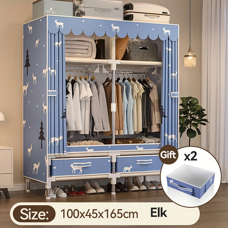 Christmas-themed portable closets with a steel frame structure, 2 hanging clothes rods, and 4 storage shelves, suitable for home bedrooms. Sturdy and long-lasting, designed with an elk pattern.