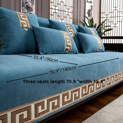 Modern Chenille Sofa Cover with Geometric Jacquard Design - Pet friendly, machine washable, non-slip, easy to clean. Fits armchairs to 4-seater sectional sofas. Made with soft polyester and features lace craftsmanship and active printing.