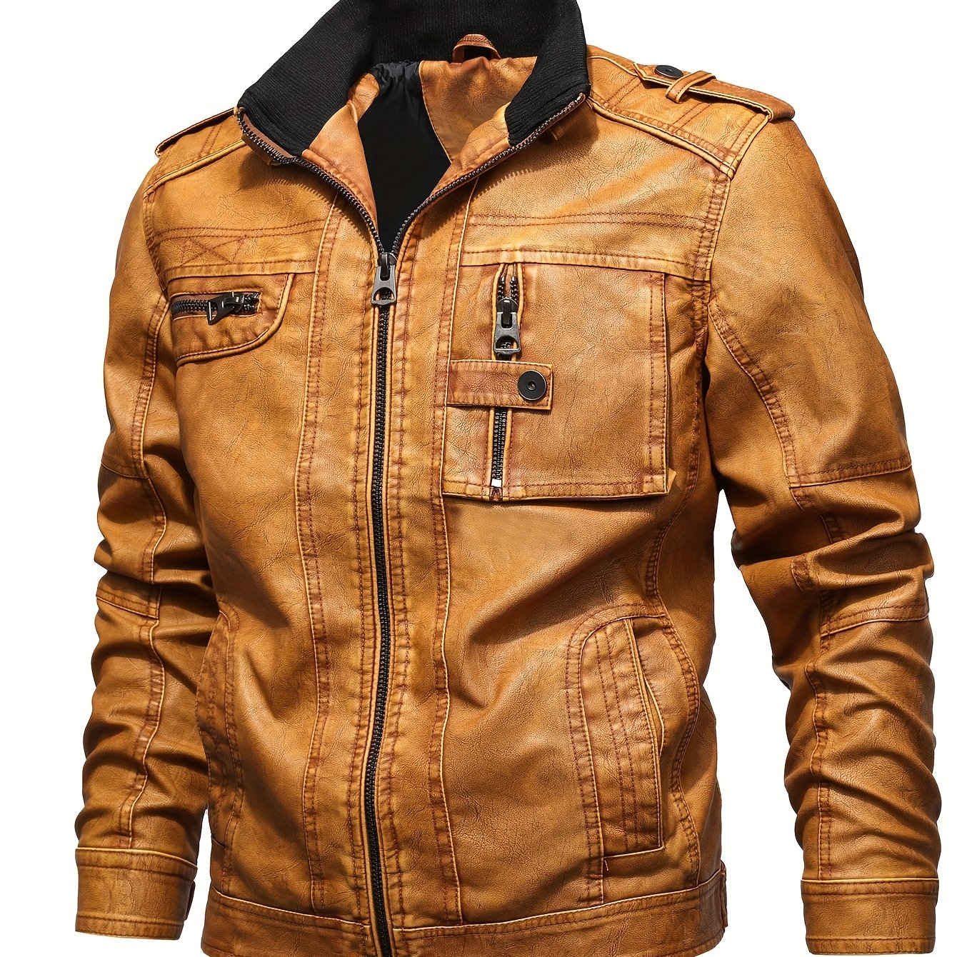 Men's Retro Motorcycle PU Jacket with Long Sleeves, Zipper, and Multi-Pockets, Perfect for Autumn and Winter.