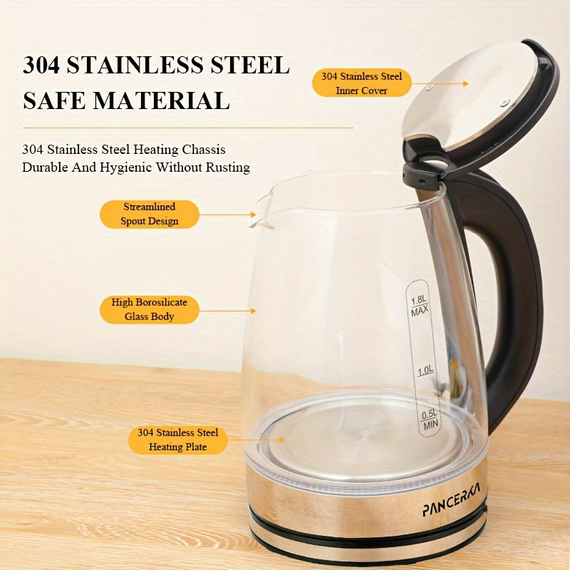 '-1 piece of -PANCERKA- Electric Kettle designed for making coffee and tea. It has a 1.8L capacity and operates at 1500W. Made from durable Borosilicate Glass with an easy-to-clean wide opening. Features include an auto shut-off function, cool touch