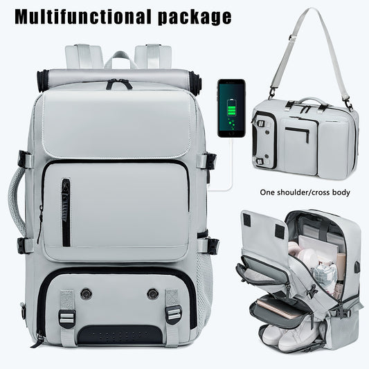 Men's travel backpack with large capacity for hiking, business, and laptops, includes a waterproof shoe bag.