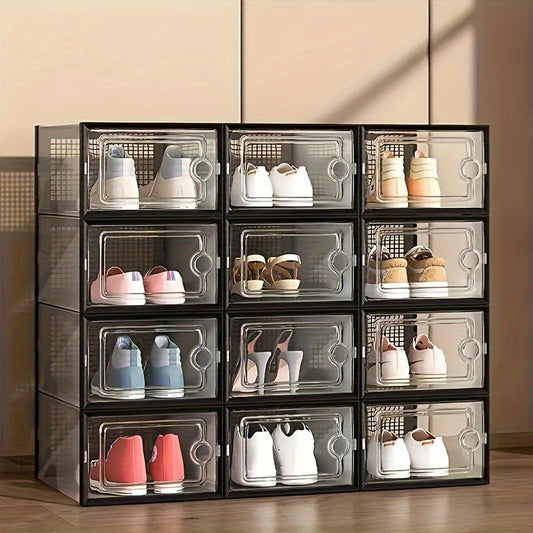 Transparent Stackable and Foldable Shoe Storage Box with Lid - A Space-Saving Organizer for Home, Dorm, or Bedroom - Perfect for Sports Shoes in White or Black.