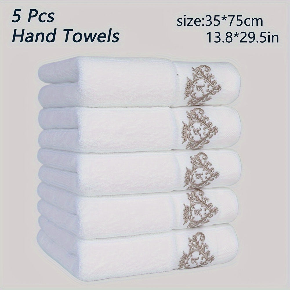 5 soft cotton hand towels with crown embroidery, quick-dry, absorbent, thick (35x75cm) for bathroom, shower, hotel, gym, spa. Available in dark gray, light gray, white, beige, teal blue. Can also be used as bath towels.