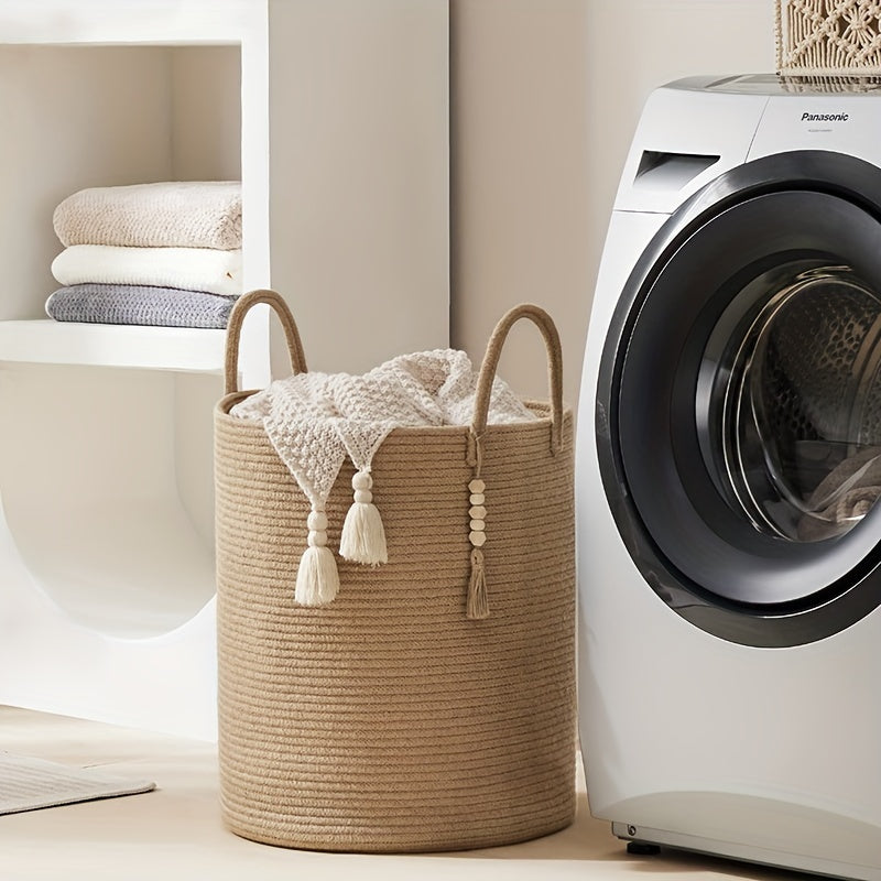 Get organized with our 1pc Jute Rope Woven Hamper, a versatile laundry basket that holds up to 58L. This tall woven collapsible basket is perfect for organizing blankets, clothes, and more in your laundry room. Use it to store supplies in the bathroom