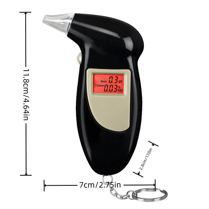 Portable digital breathalyzer with LCD display, high-accuracy BAC detector, and keychain. Requires batteries.