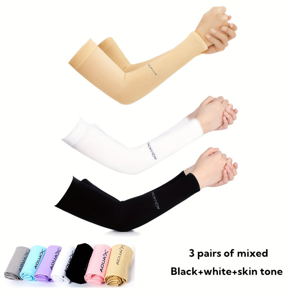 Protective arm sleeves made of high-elastic nylon ice fabric provide UV protection for various outdoor activities such as driving, fishing, running.