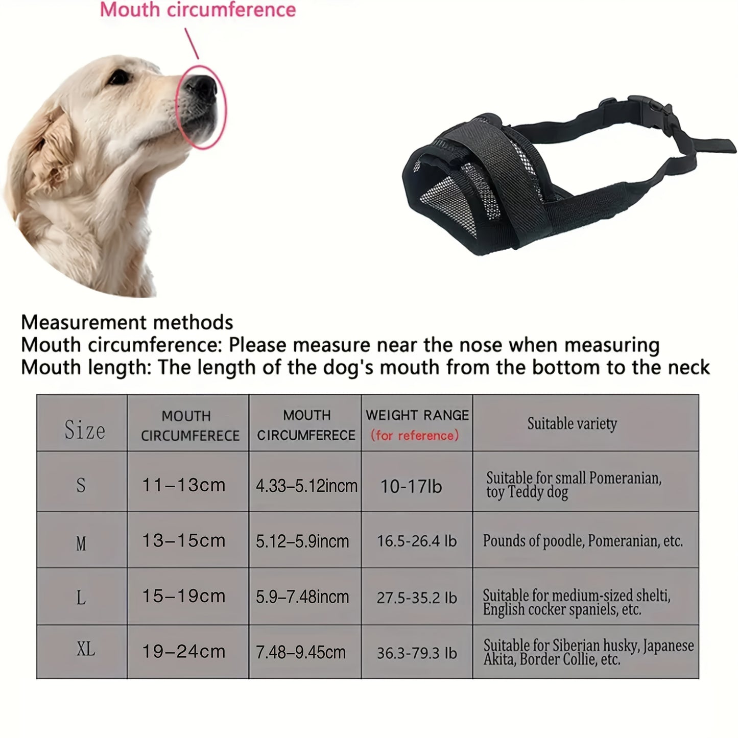 Breathable polyester adjustable dog muzzle prevents biting and barking for small to medium dogs, providing a comfortable fit.