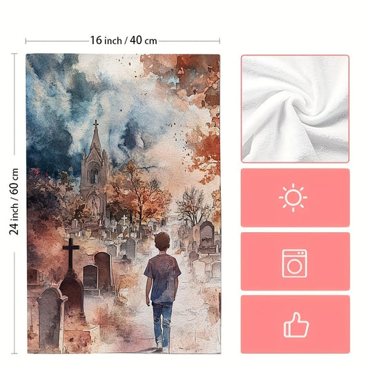 Two pieces of ultra soft kitchen towels featuring a watercolor cemetery scene. These highly absorbent and machine washable dish hand towels measure 40.64x60.96 cm, making them perfect for holiday decor. Ideal for use as dish towels.