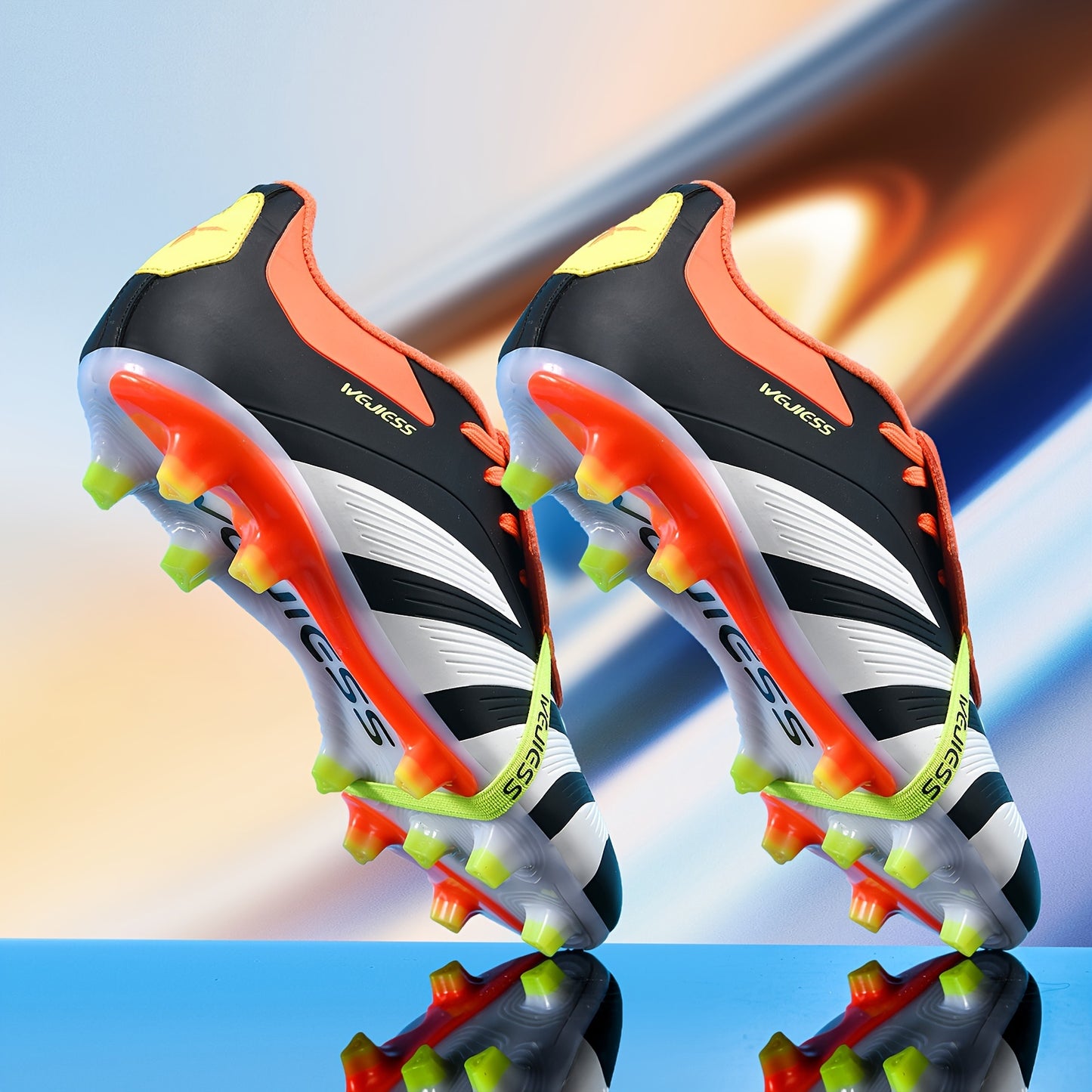 High-top soccer cleats for men featuring non-slip TPU sole, breathable fabric insole, durable PU upper, and comfortable fit for running, training, and outdoor play. Classic black striped