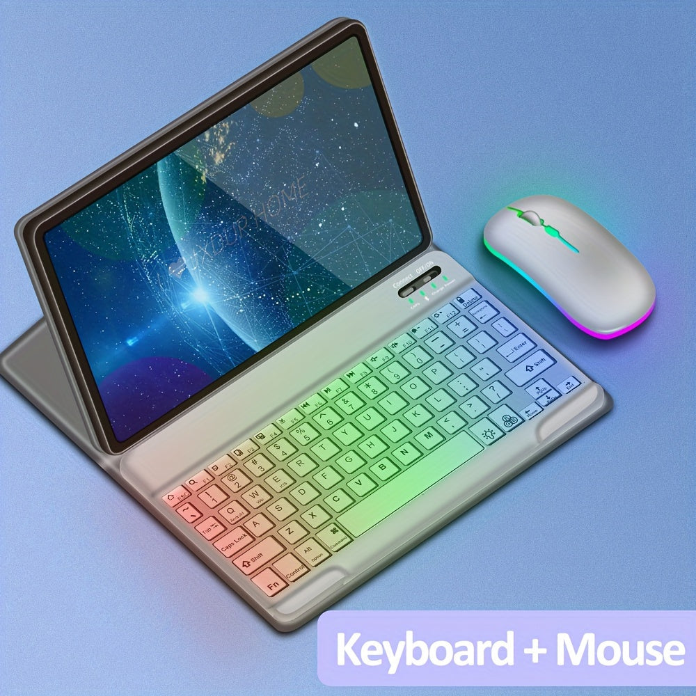 10-inch iPad and laptop backlit wireless keyboard and mouse combo with ergonomic design, portable, rechargeable, quiet keys, adjustable brightness, RGB lighting, Type-C charging, and