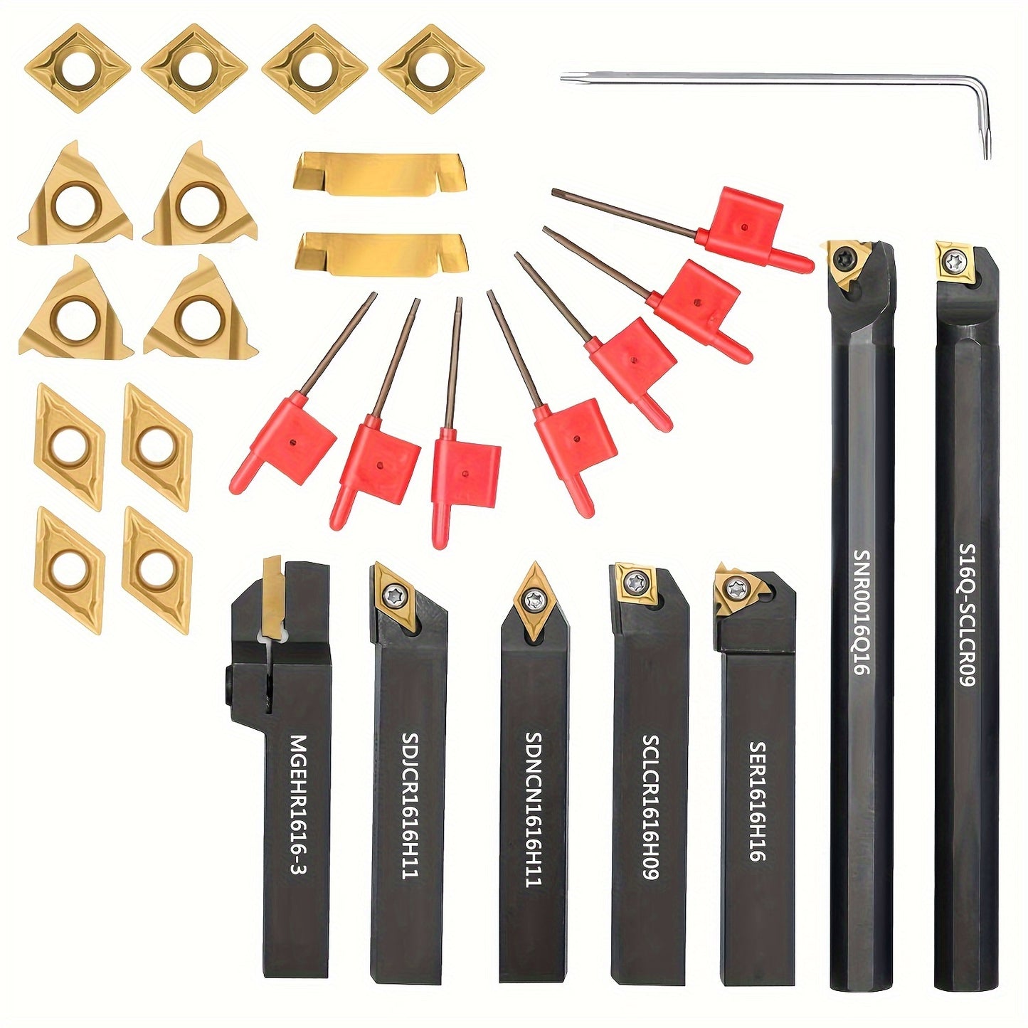 21pcs Indexable Lathe Turning Tools with 16mm Tool Handle and 7pcs Metal Lathe Tool Holder Set. Includes 14pcs Carbide Inserts for various processing needs such as turning groove, thread