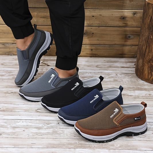 Men's slip-on sports sneakers with breathable fabric upper, round toe, and faux sole for daily wear and running.