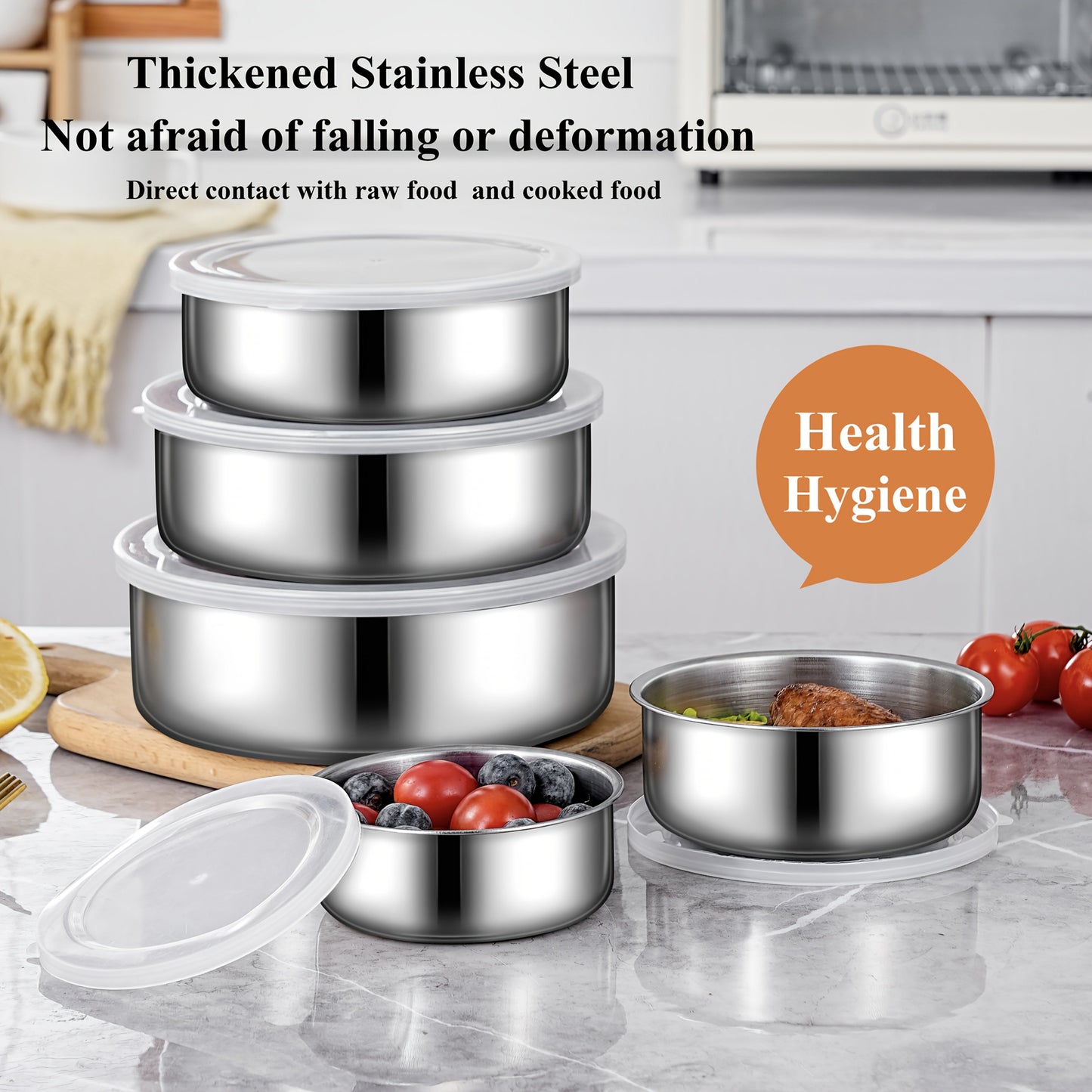 Set of 5 Stainless Steel Food Storage Containers with Transparent Lids - Perfect for Storing Fruits, Vegetables & More | Essential for Kitchen Organization, No Power Required, Safe for Food Storage