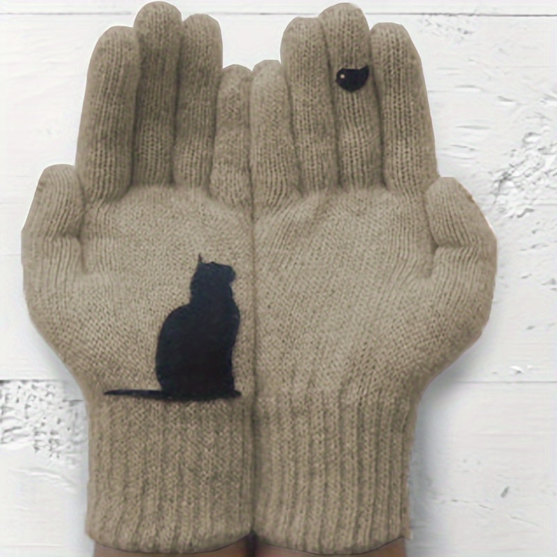 Stylish Cat Print Knit Gloves made for the cold weather, featuring a unique split finger design for added warmth and protection against the cold wind during Autumn and Winter.