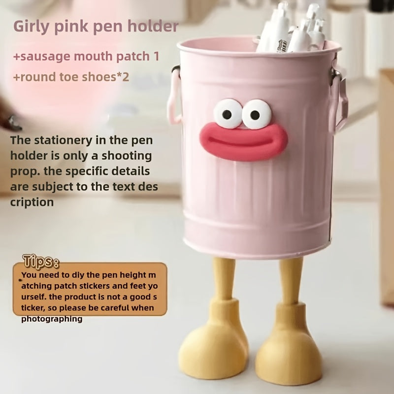 2-in-1 Cute Cartoon Character Desk Organizer with DIY letter stickers, sausage mouth & toe shoes design - Green, office accessory for women.