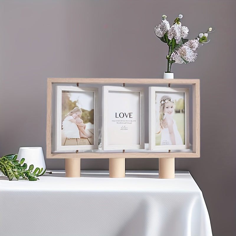 One piece of a wooden double-sided picture frame stand with a tri-fold design that holds multiple photos. Suitable for ages 14 and above.