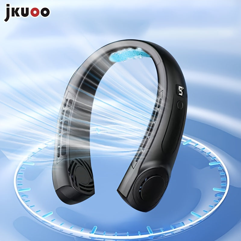 Stay cool on-the-go with the JKUOO Portable Neck Fan! This mini fan features a noise reduction system and is USB rechargeable for convenient use. The hands-free design allows for personal cooling with button control. Made of durable plastic material