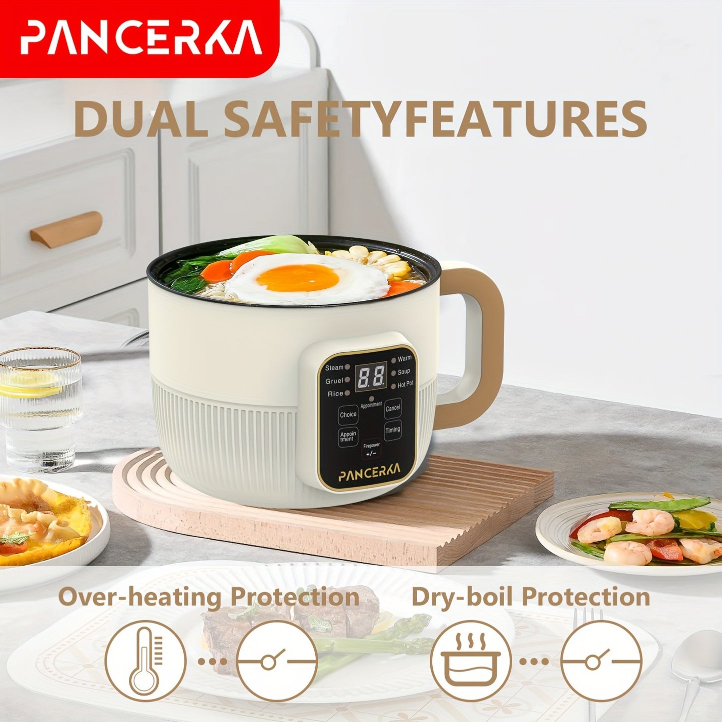 1 PANCERKA Electric Cooker, 1.0L Non-Stick Steamer with Mechanical Buttons, 220-240V, European Standard Plug, No Battery Needed